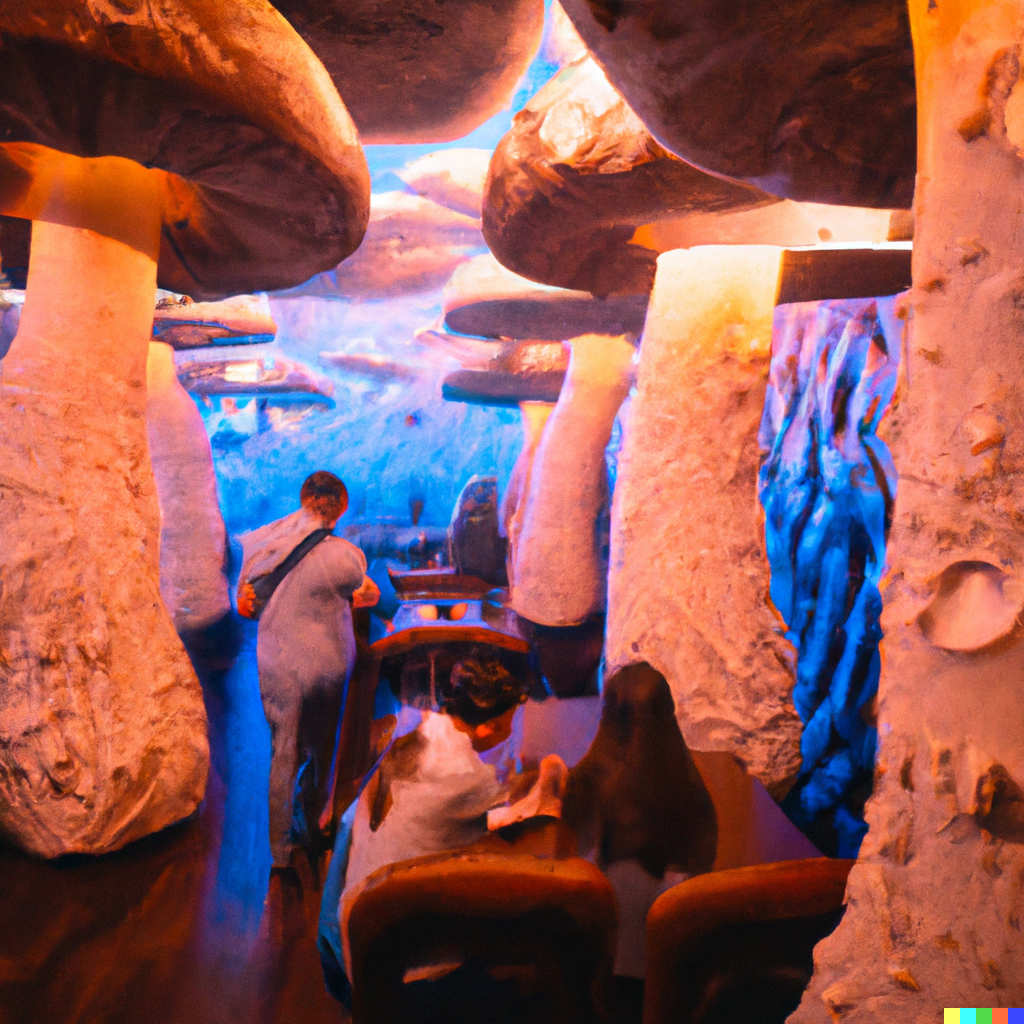 DALL·E 2022-11-21 11.13.01 - modern mushroom themed restaurant with realistic mushrooms all around and all patrons eating mushrooms.png
