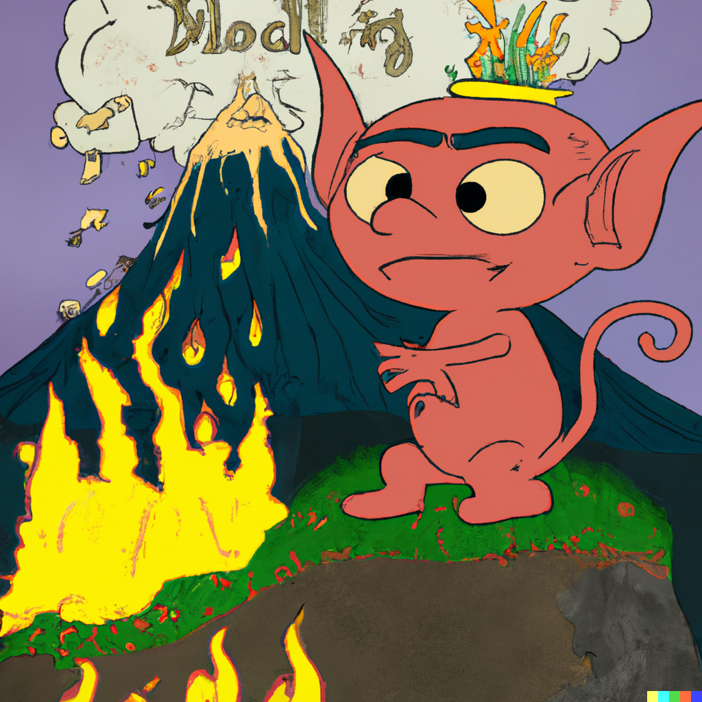 DALL·E 2023-02-01 17.05.01 - a imp with a face saying 'i solemnly swear i am up to no good' with a fiery volcano on the back and little fairies flying around.png