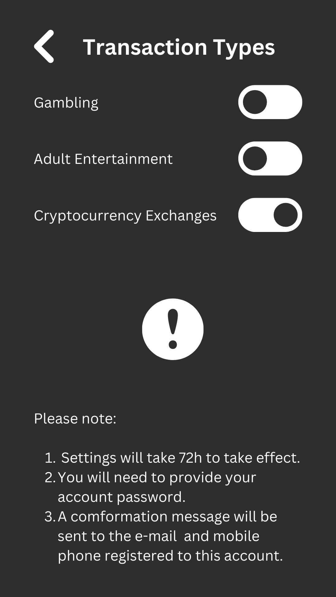 Mockup of a user interface for transaction types