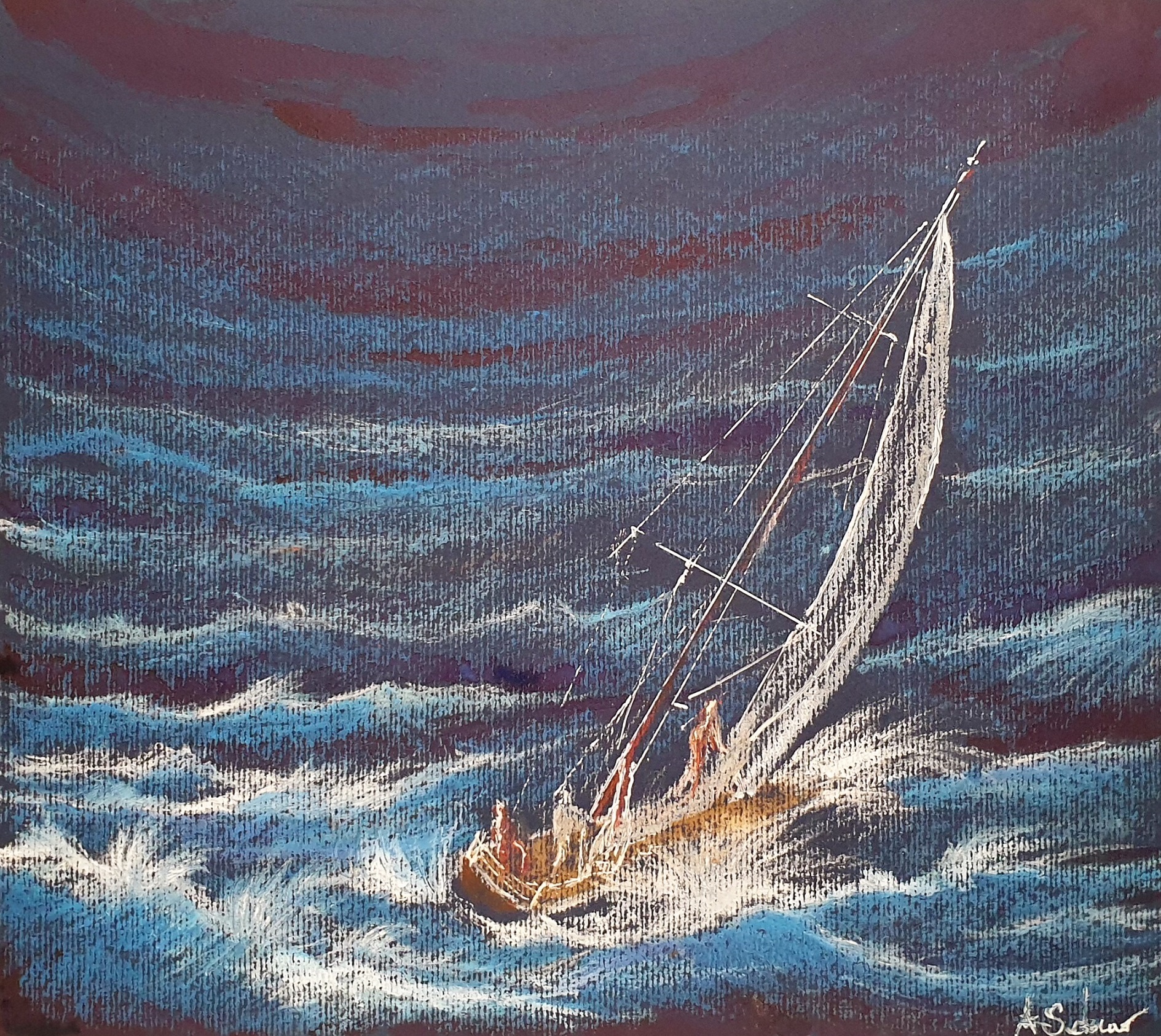Sailboat in the blue - mixed media on cardboard