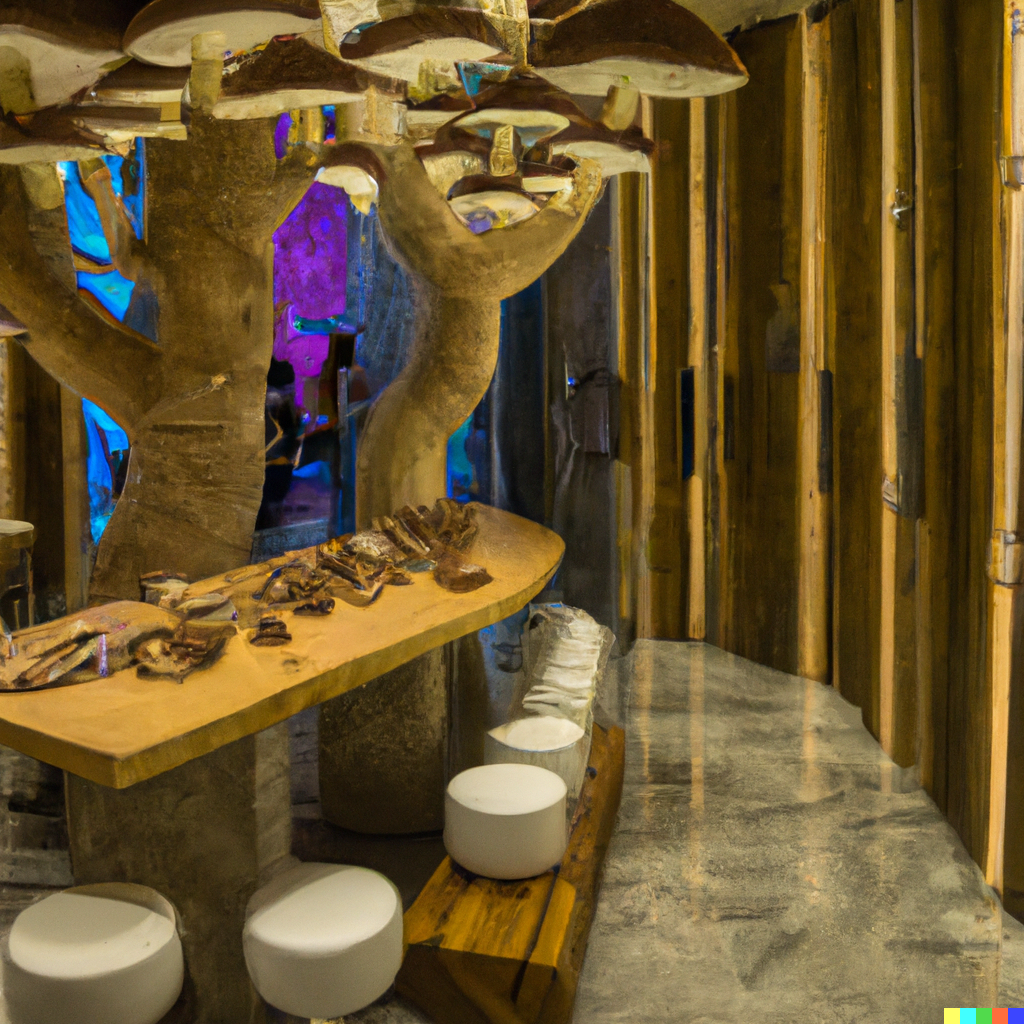 DALL·E 2022-11-21 11.13.10 - modern mushroom themed restaurant with realistic mushrooms all around and all patrons eating mushrooms.png