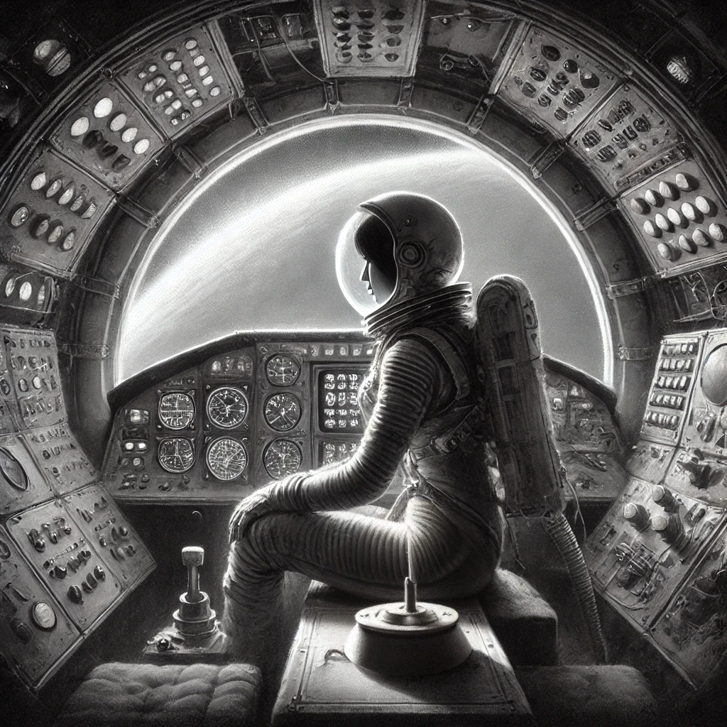 DALL·E 2025-01-25 21.40.01 - A black-and-white painting of a female astronaut sitting in the cockpit of a rocket spaceship. The woman is depicted from a side angle, wearing a slee.webp