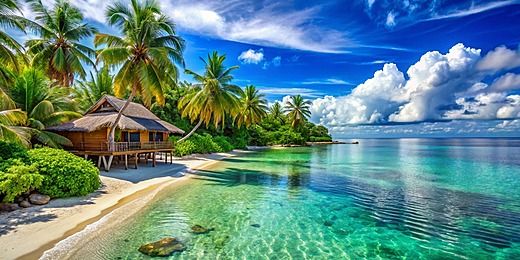 Tropical Beach House With Palm Trees And Crystal Clear Water Background, Tropical Beach House, Tropical Island Beach, Tropical Beach Hut Background Image And Wallpaper for Free Download.jpeg
