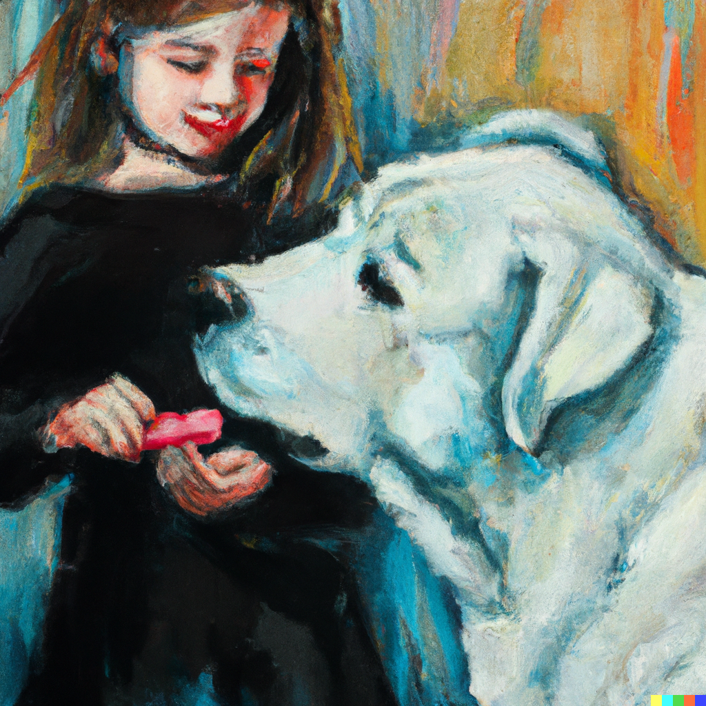  "DALL·E 2022-07-30 21.11.35 - Young girl and a big white dog eating smarties, oil painting .png"