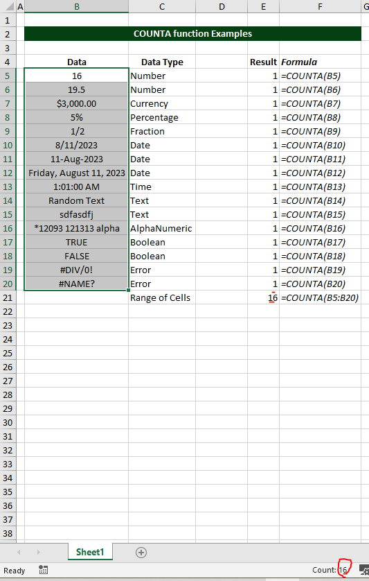 COUNTA Function in a Range of Cells