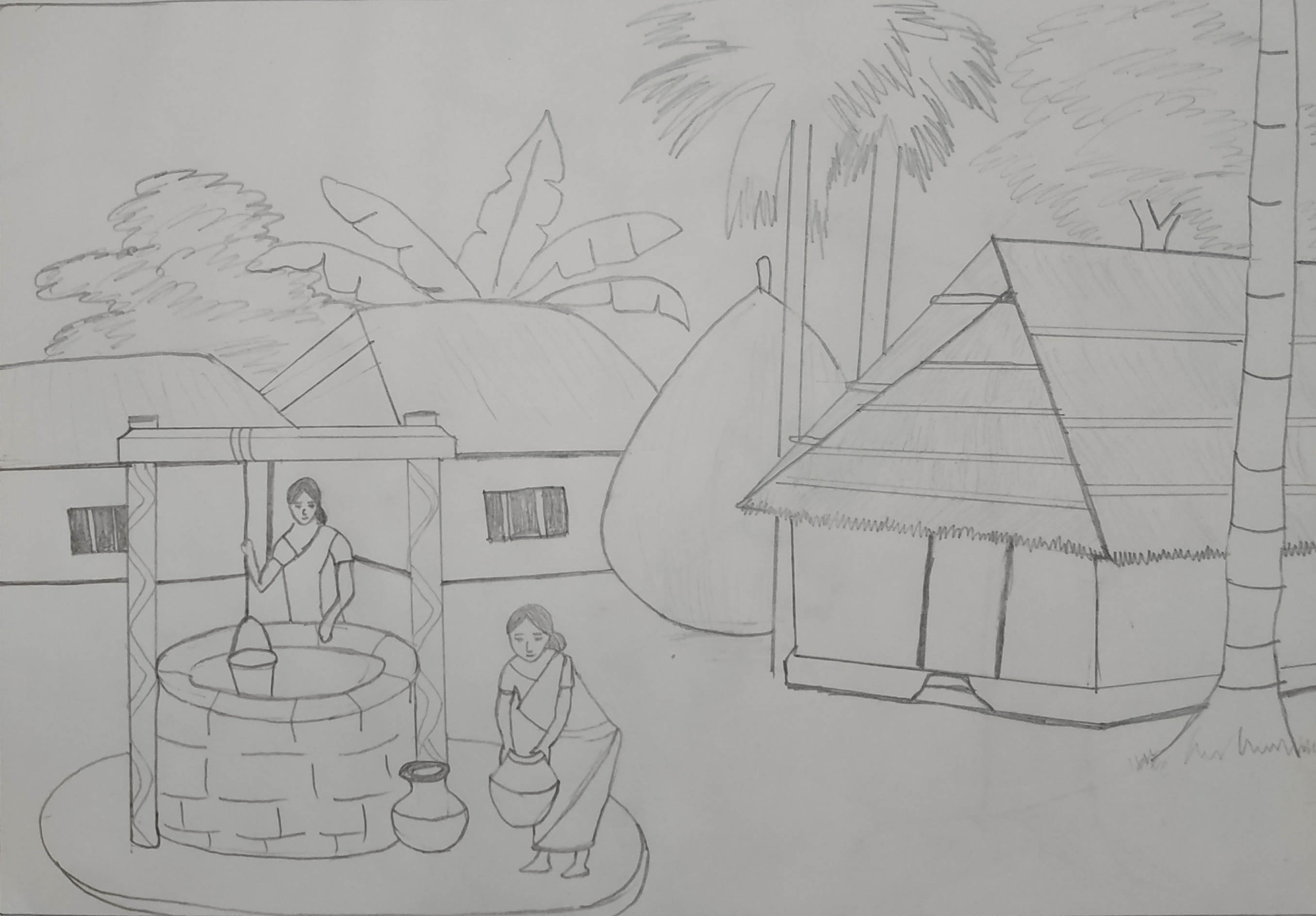 Premium Vector | Freehand textured pencil drawing of rural landscape with  silhouettes trees and old wooden houses
