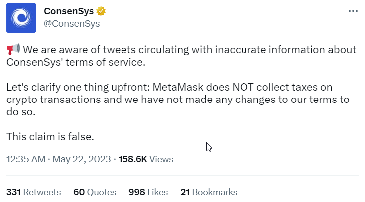The parent company of MetaMask tweeted about this and cleared its stance.png