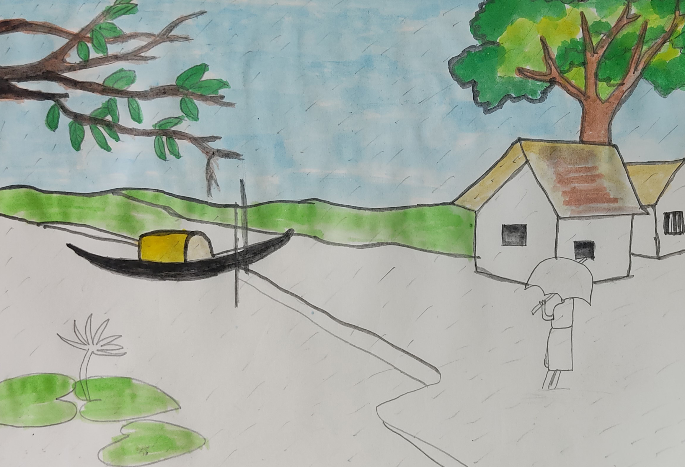 Rainy season scenery drawing easy. village rainy day drawing with oil  pastel colours. - YouTube