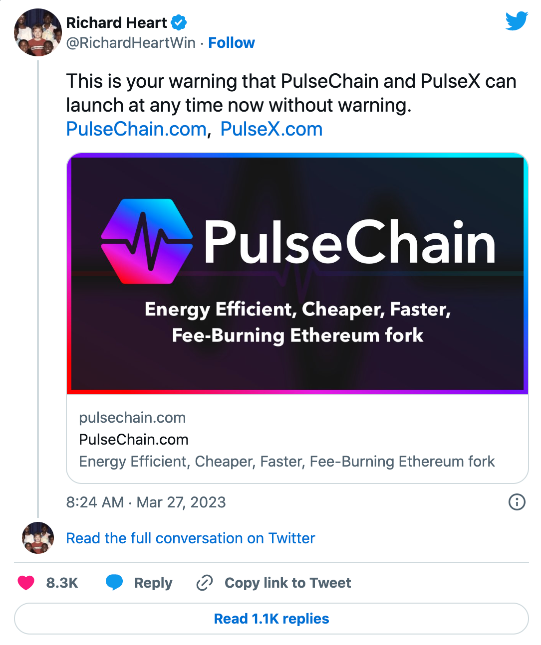 Tweet from Richard Heart saying PulseChain could launch any time now without warning.