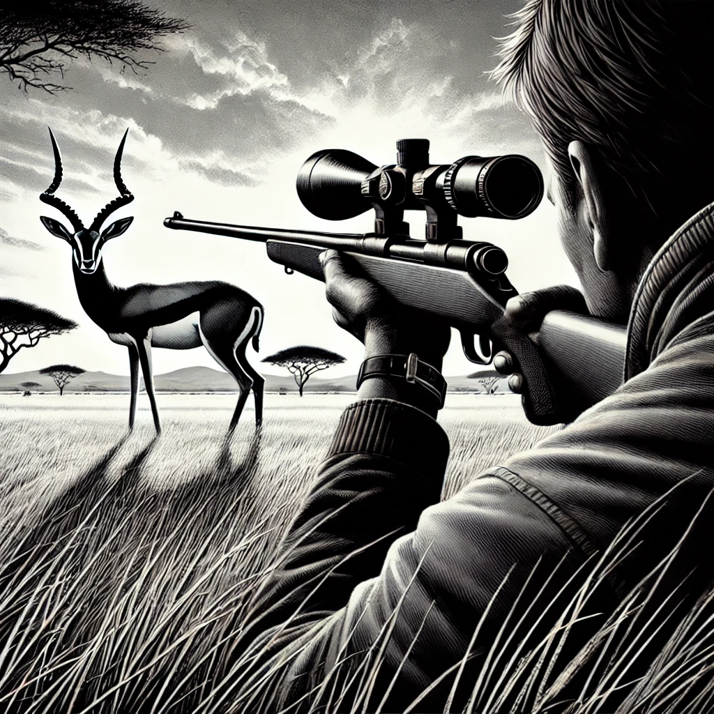 DALL·E 2025-02-03 16.07.12 - A black and white illustration of a hunter aiming at a gazelle with a rifle. The image is from behind the hunter, showing his perspective as he looks .webp