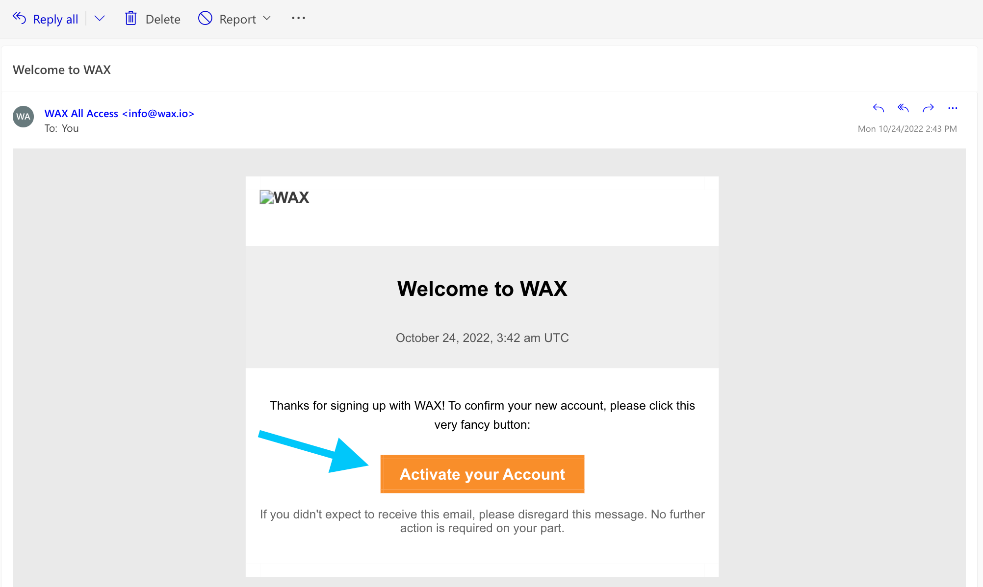 Email inbox screenshot to confirm getting a WAX address.