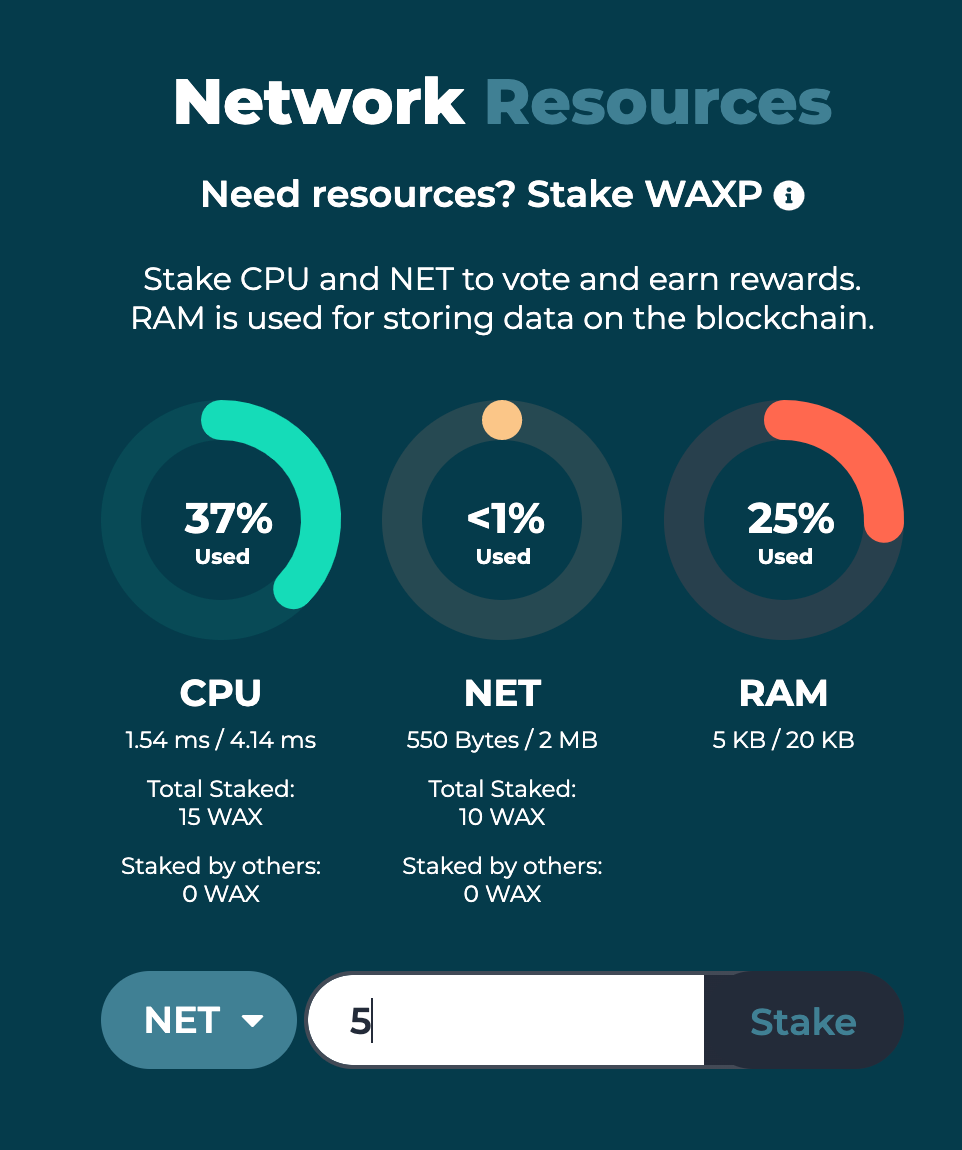 Stake WAX in your wallet for NET.