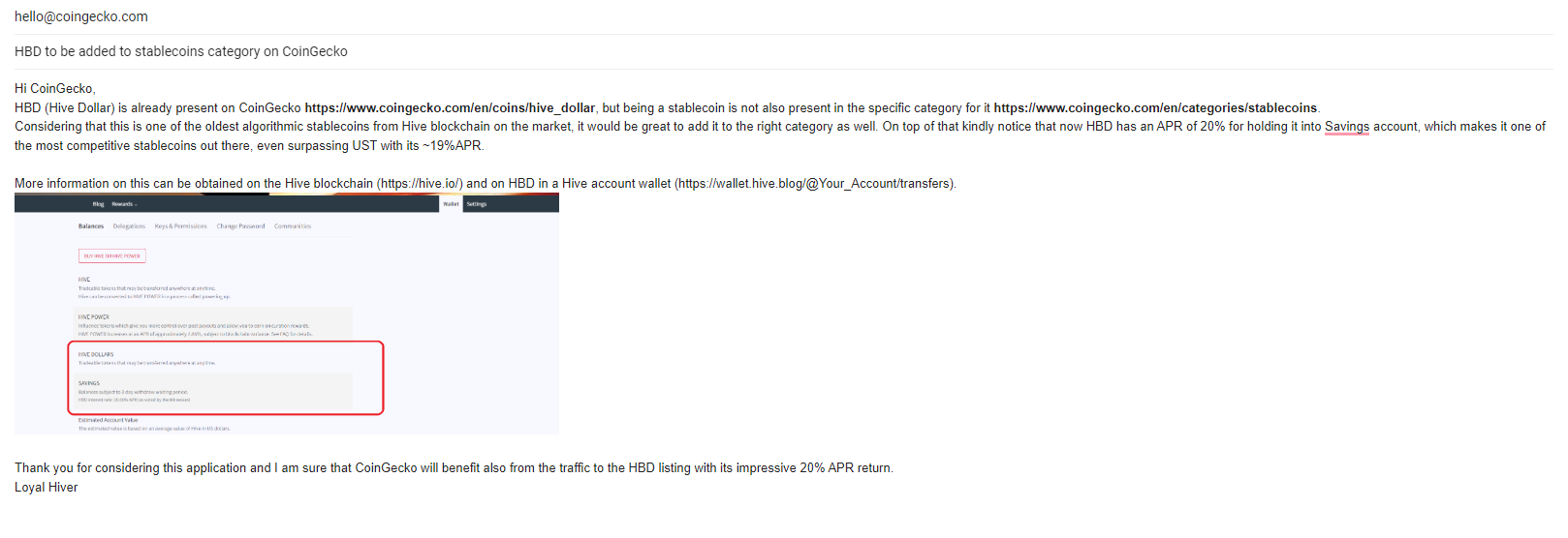 Application sent for HBD to be added also to the stablecoins category on CoinGecko