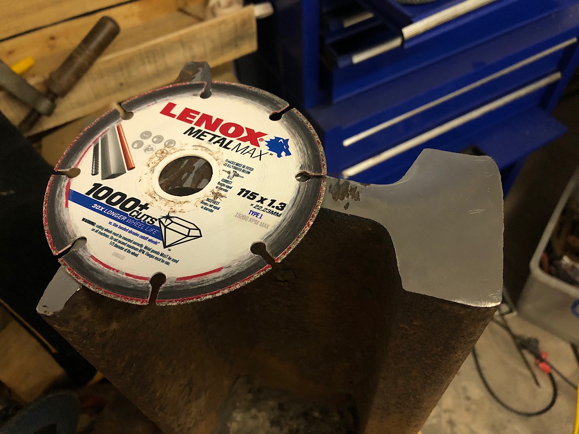 Crane rail cut with a Lenox MetalMax cutting disc