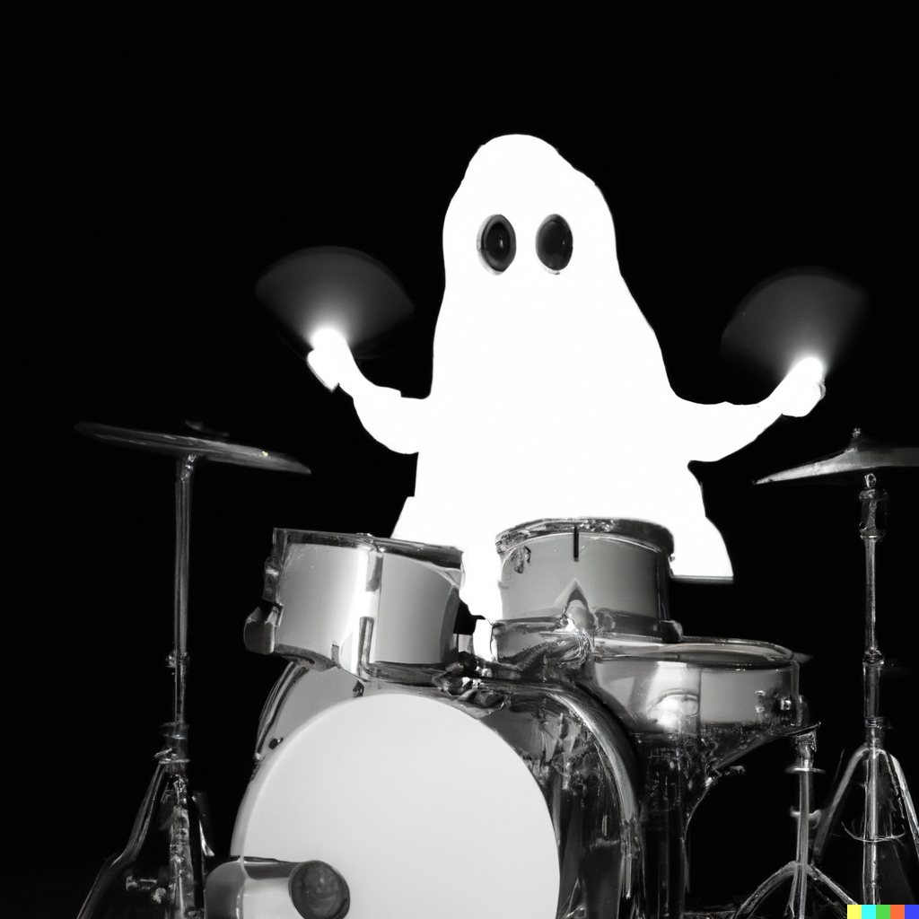 DALL·E 2022-10-06 22.43.28 - A plain black background with a photo of a ghost playing the drums..png