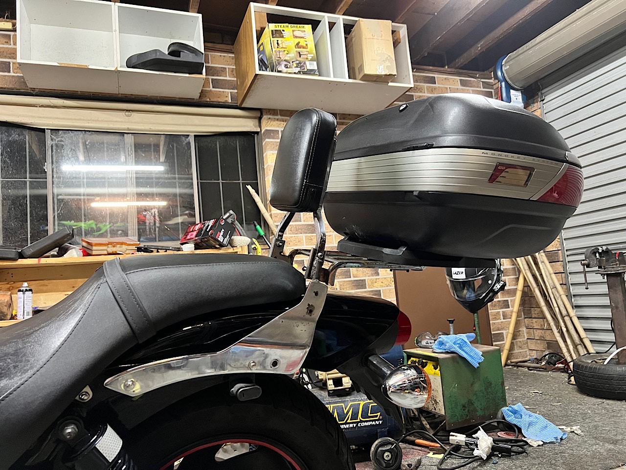 Givi top box on a modified sissy bar