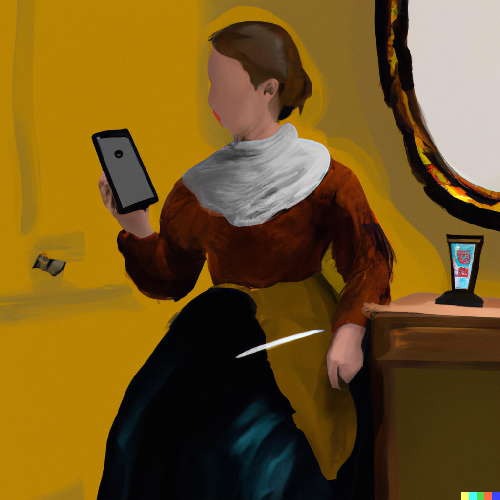 DALL·E 2023-01-10 02.33.44 - create a realistic version of Whistler's Mother masterpiece painting, but with the mother using a smartphone, detailed art design, in style of James M.png