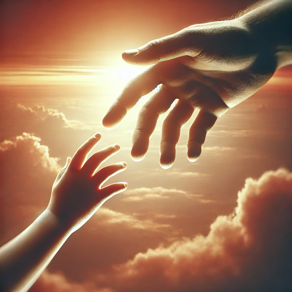 DALL·E 2025-01-22 15.56.22 - A realistic and symbolic image of two hands reaching toward each other, one adult and one child, with a soft, warm background of a sunset. The scene e.webp