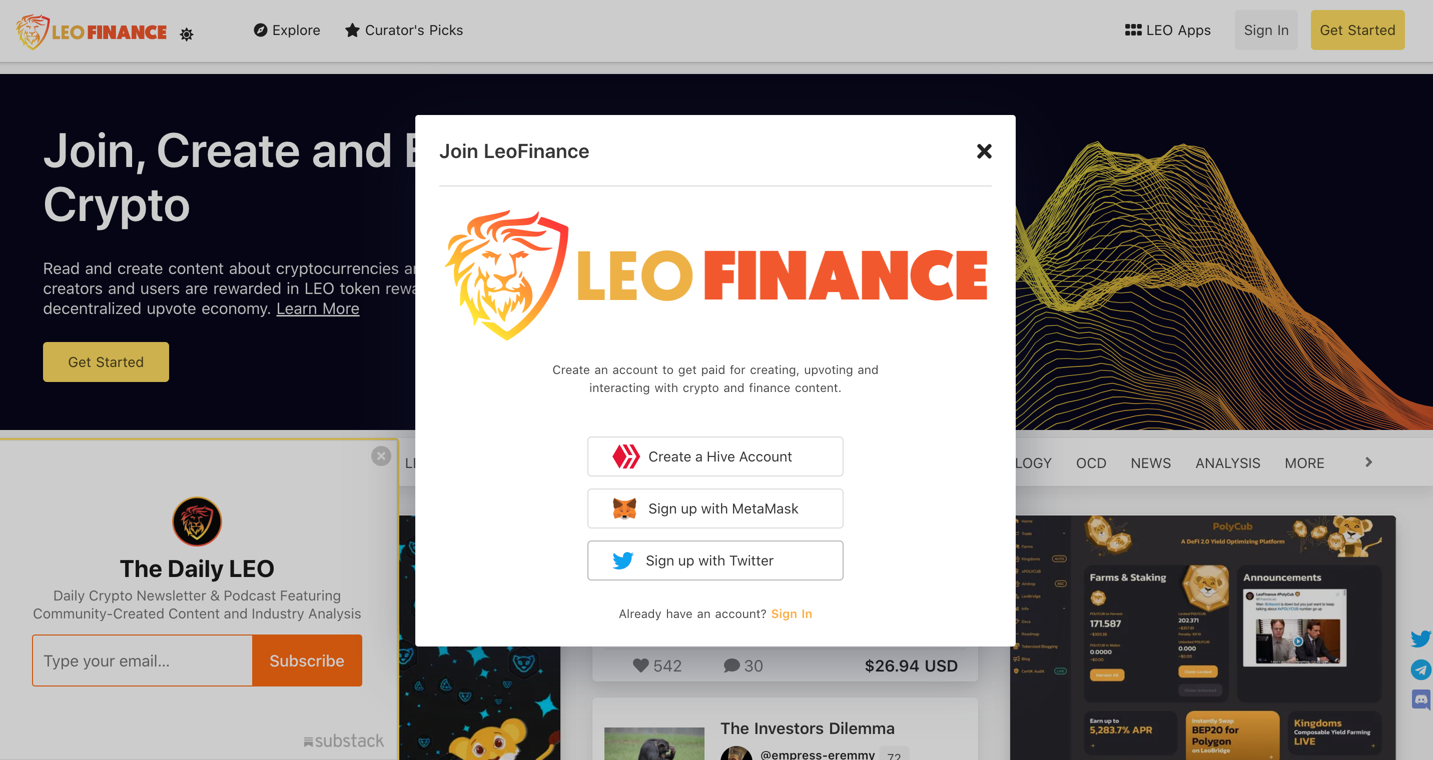 The LeoFinance home page where the get started button is located at the top.