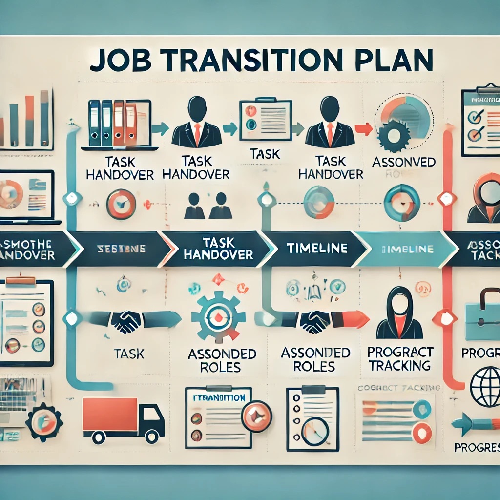 DALL·E 2024-11-05 20.04.01 - A professional and organized illustration of a job transition plan template, highlighting steps for a smooth transition. The layout includes sections .jpeg