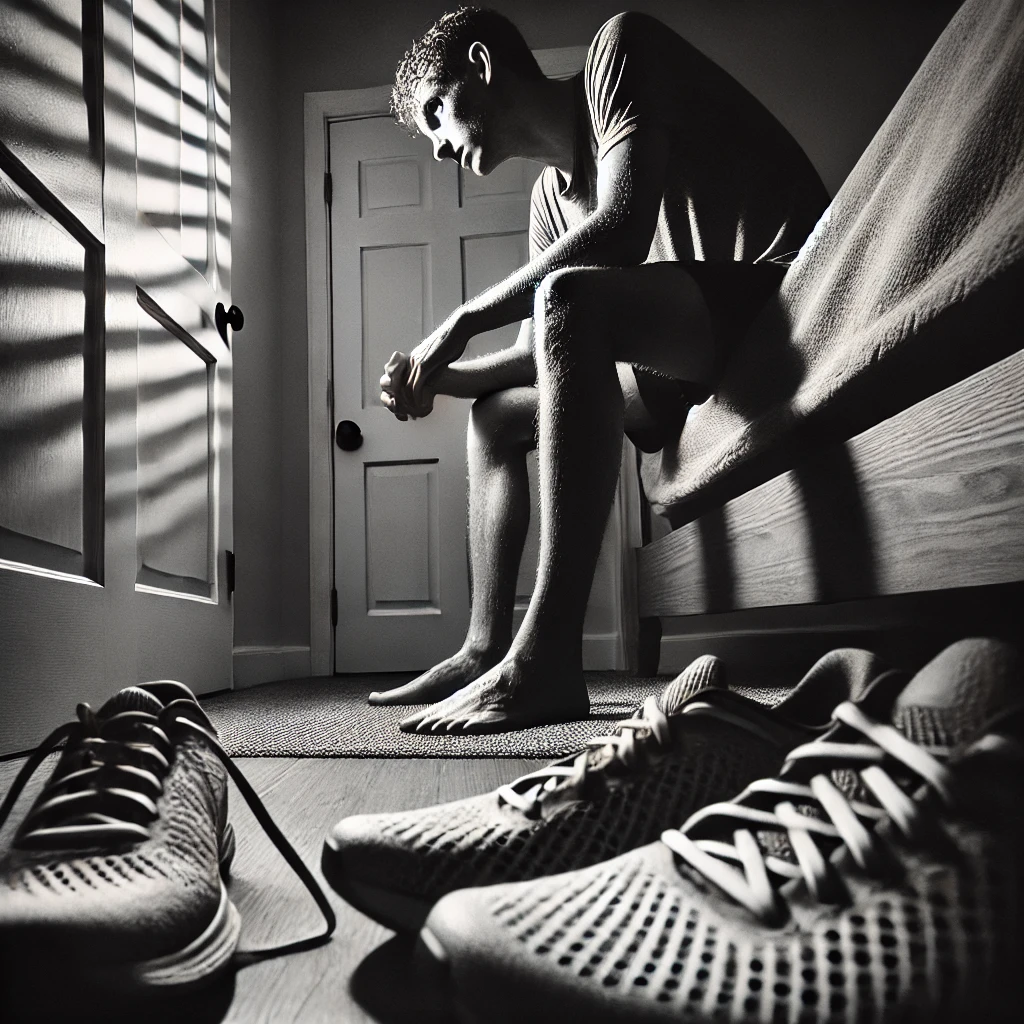 DALL·E 2025-01-06 13.59.31 - A black-and-white photographic-style close-up image of a runner sitting on the edge of their bed, viewed from above. The runner is drenched in sweat, .webp