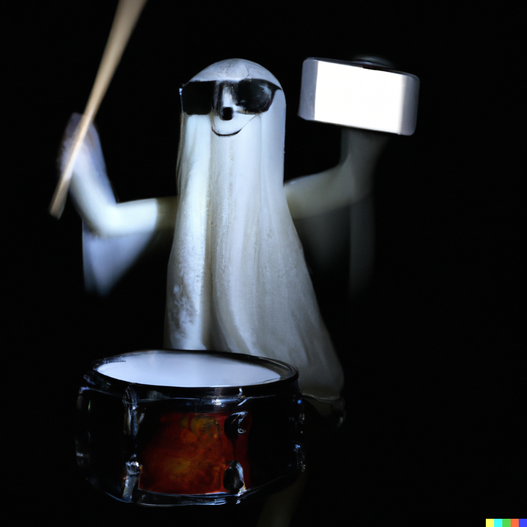 DALL·E 2022-10-06 23.49.37 - A black background with a selfie of a drumming ghost.png