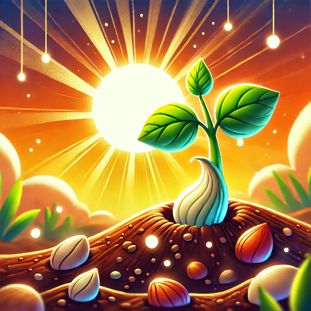 DALL·E 2025-01-28 17.56.13 - An animated-style illustration of a seed sprouting in fertile soil, with a small green shoot emerging. The scene is colorful and vibrant, featuring a .webp