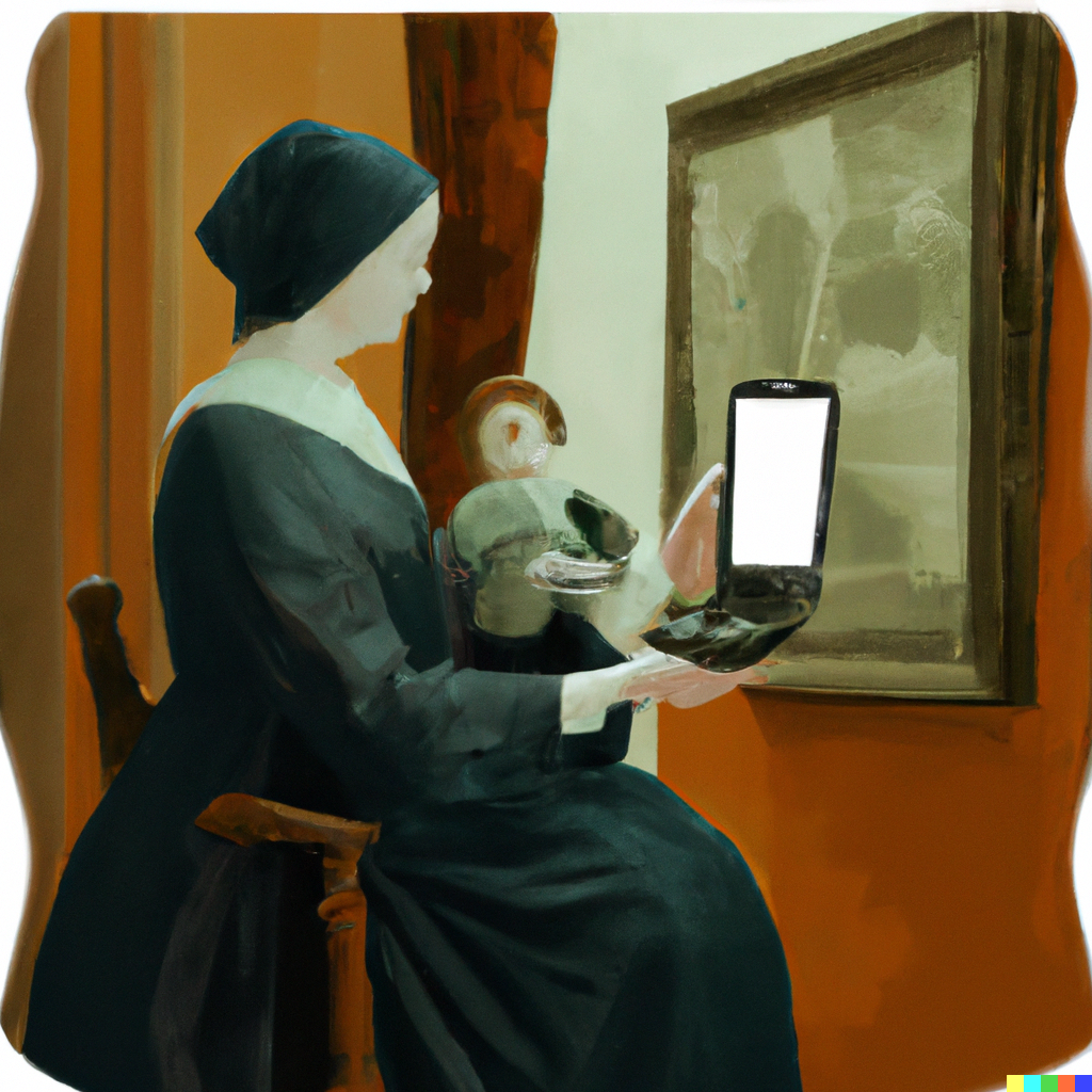 DALL·E 2023-01-10 02.33.33 - create a realistic version of Whistler's Mother masterpiece painting, but with the mother using a smartphone, detailed art design, in style of James M.png