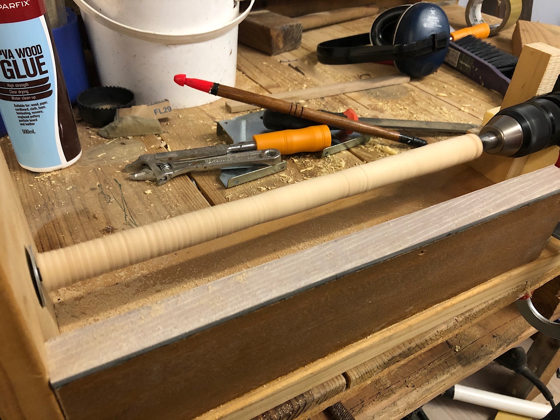 Turning a dowel with a DIY wood turner