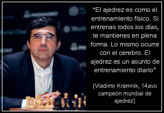 El ajedrez es como el entrenamiento físico. Si entrenas todos los días, te mantienes en plena forma. Lo mismo ocurre con el cerebro. El ajedrez es un asunto de entrenamiento diario (Vladimir Kramnik)