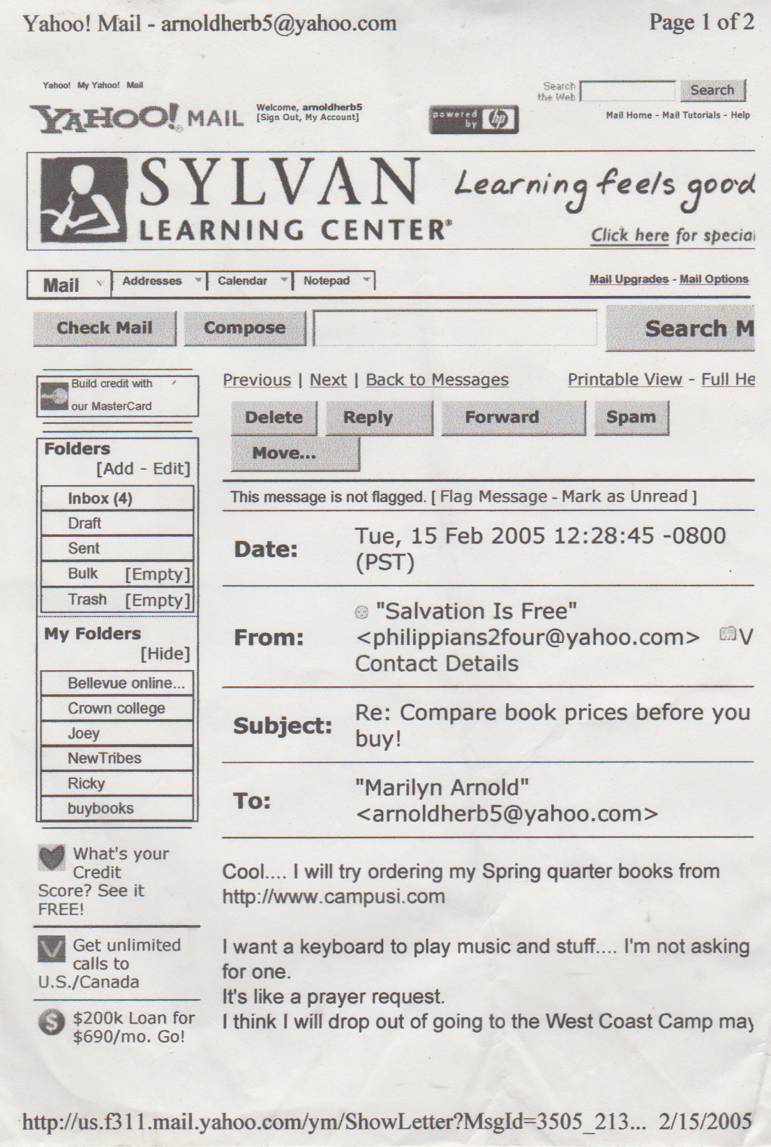 2005-02-15 - Tuesday - 12:28 PM - Joey Email to Mom regarding college books, WCC summer camp plans-1.png