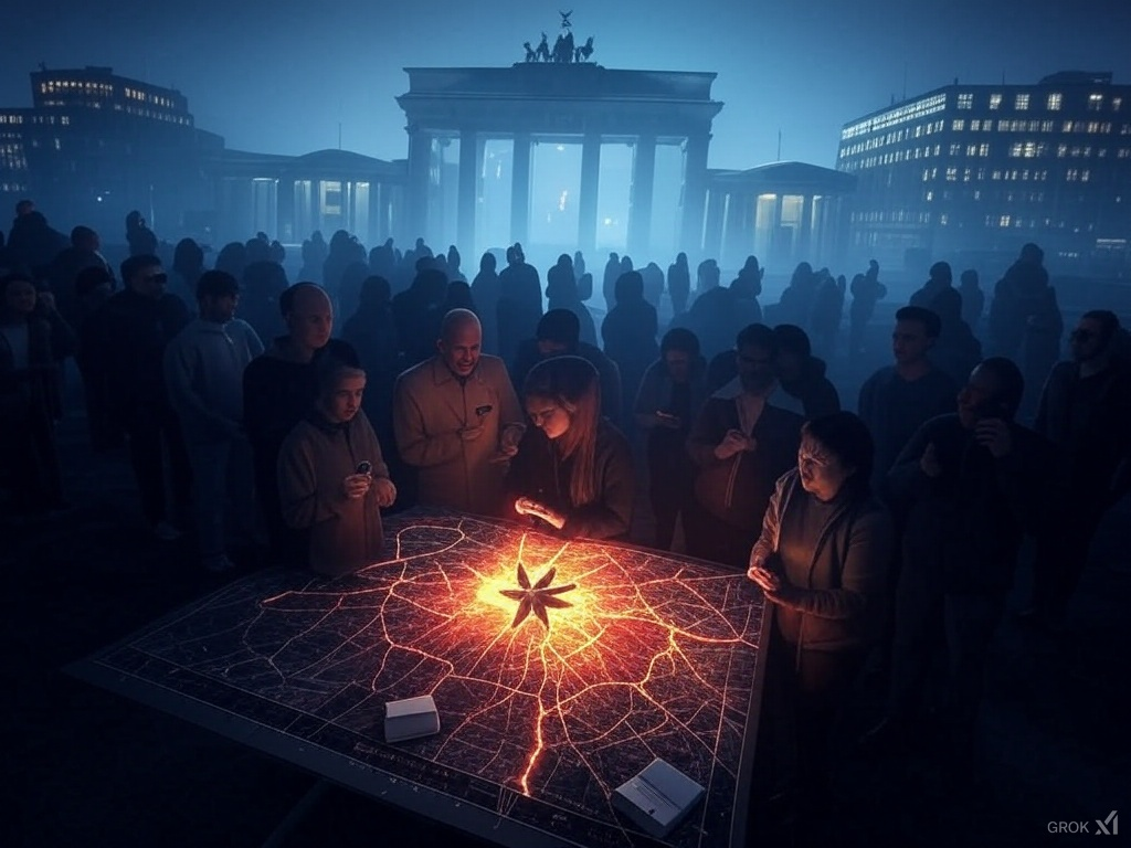 Shadowy Berlin with a cracked compass over a map, Stasi and Gestapo hints, crowd with phones