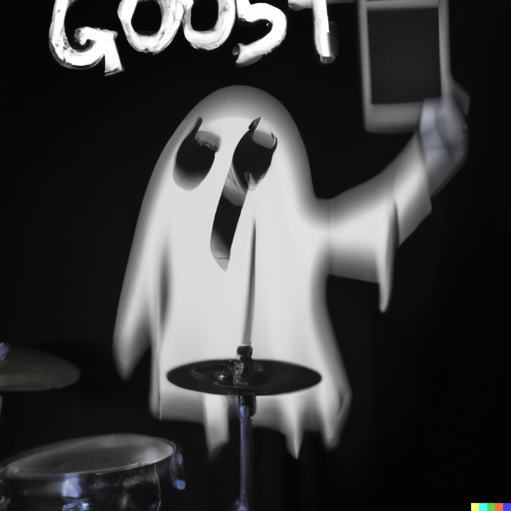 DALL·E 2022-10-06 23.49.22 - A black background with a selfie of a drumming ghost.png