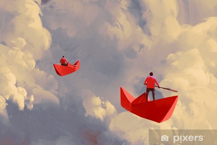 fotomurales-hombres-en-origami-barcos-de-papel-rojo-flotando-en-el-cielo-nublado-ilustracion-pintura.jpg.jpg