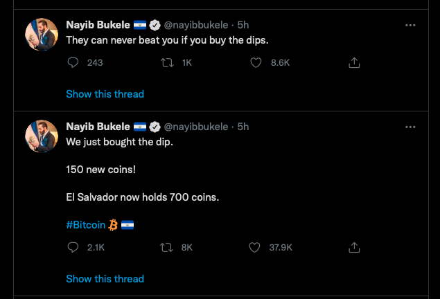 Screen capture of tweets by President Nayib Bukele of El Salvador regarding Bitcoin (BTC)