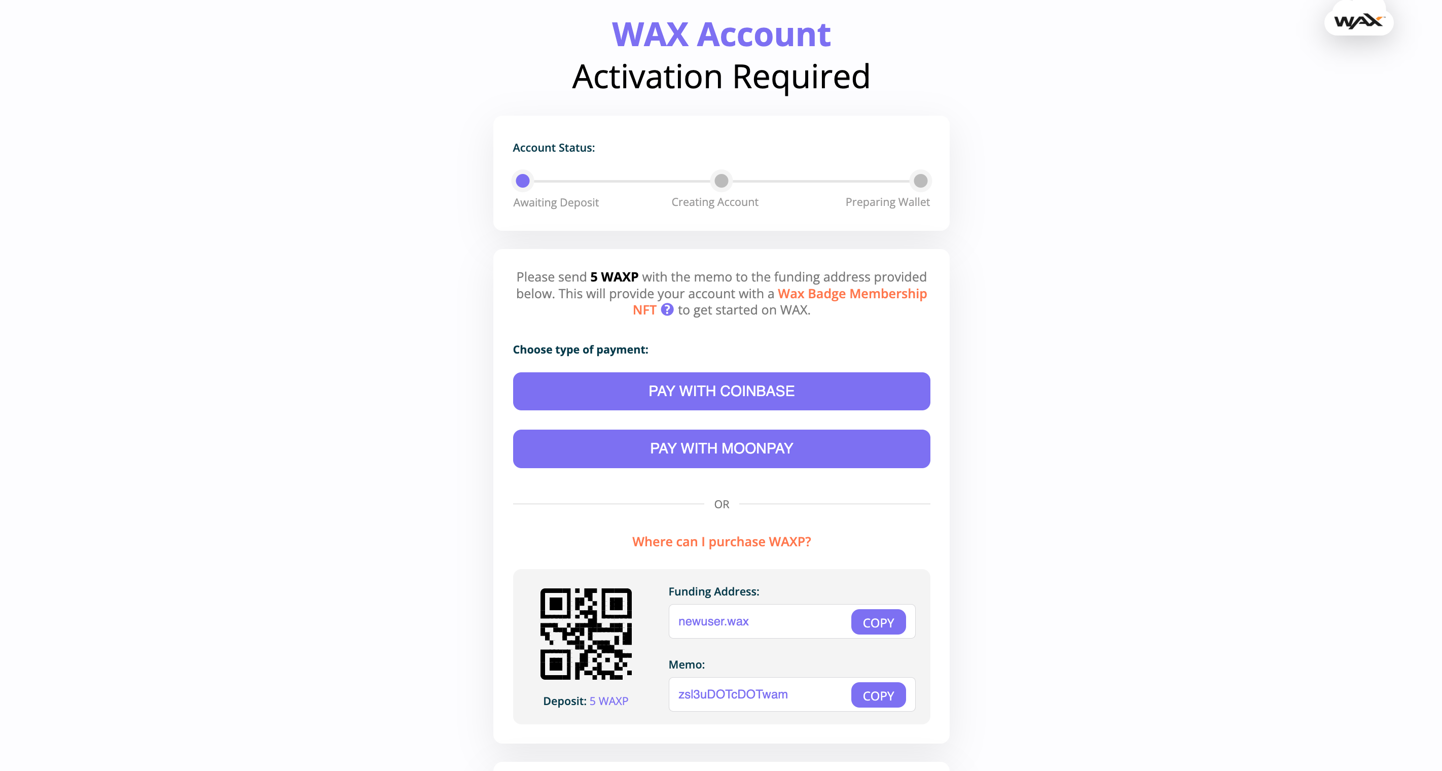 WAX Cloud Wallet screenshot showing the action required to get a WAX wallet address.