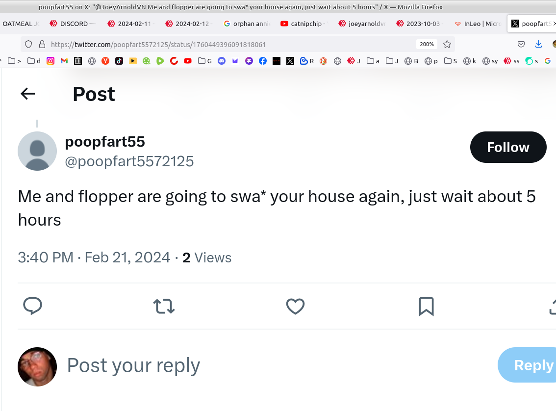 Screenshot at 2024-02-21 17-17-28 Twitter Discord Oatmeal Joeyarnoldvn Lopez Poopfart Flopper Fish Swat Police Threat.png