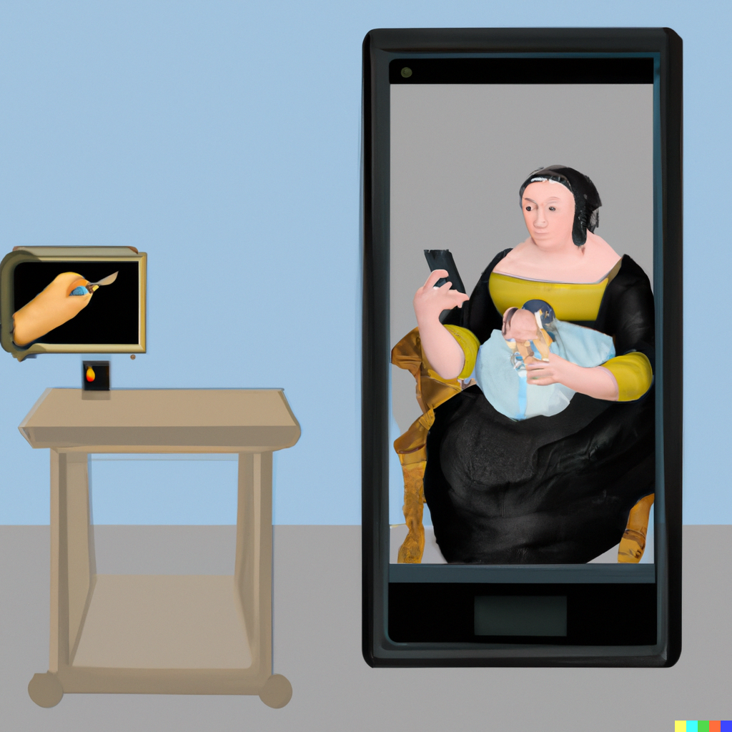 DALL·E 2023-01-10 02.31.38 - create a realistic version of Whistler's Mother masterpiece painting, but with the mother using a smartphone.png