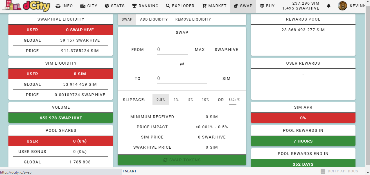 Screenshot of dCity's SWAP tab.