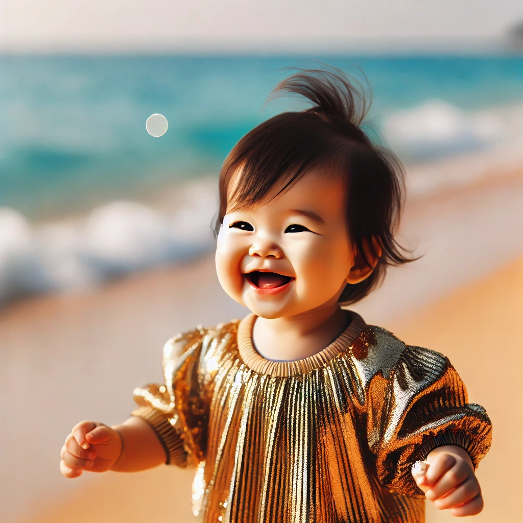 DALL·E 2024-09-04 18.30.15 - A joyful baby girl with black hair, wearing a shiny outfit, dancing near a sea beach. The beach has golden sand and calm blue waves gently rolling in .webp
