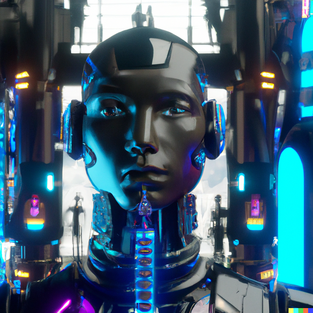 DALL·E 2023-02-04 14.46.16 - A futuristic hyper realistic human machine surrounded by cyberpunk theme .png