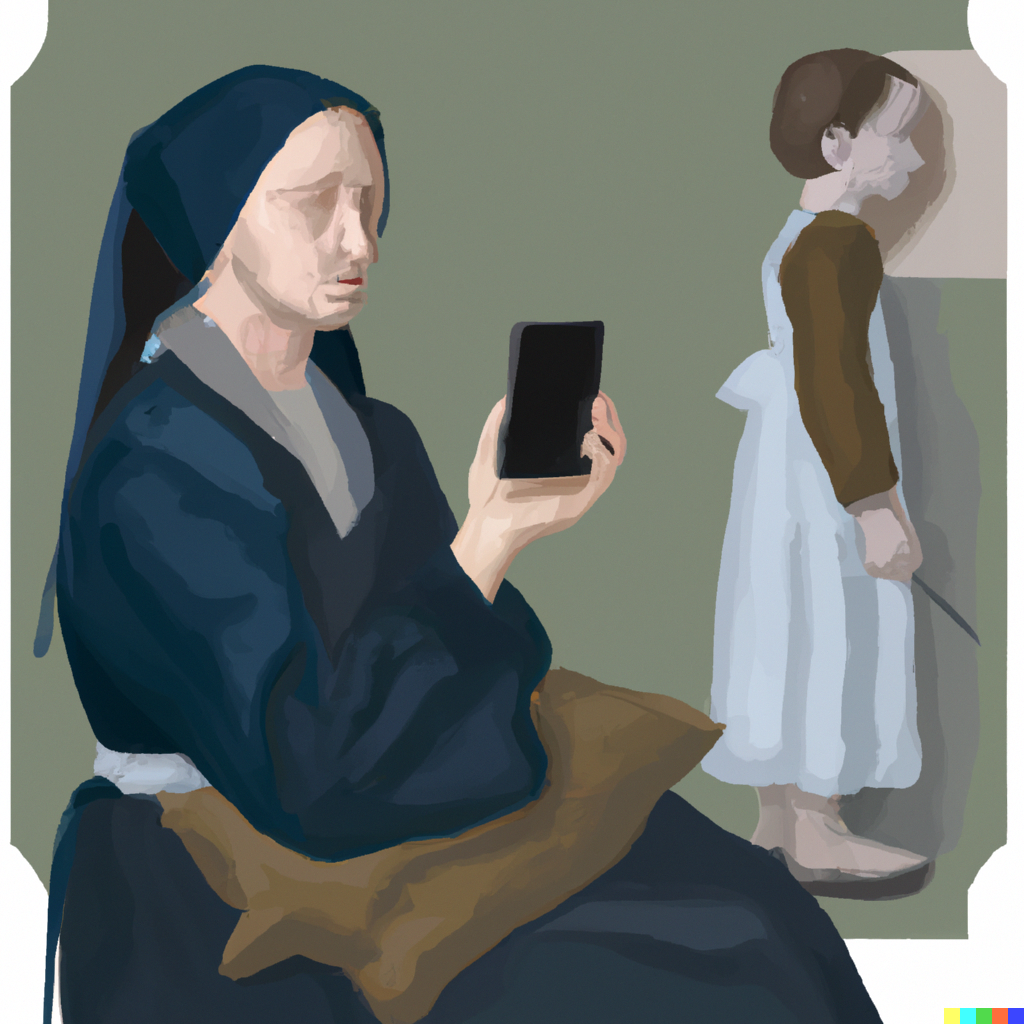 DALL·E 2023-01-10 02.33.22 - create a realistic version of Whistler's Mother masterpiece painting, but with the mother using a smartphone, detailed art design, in style of James M.png