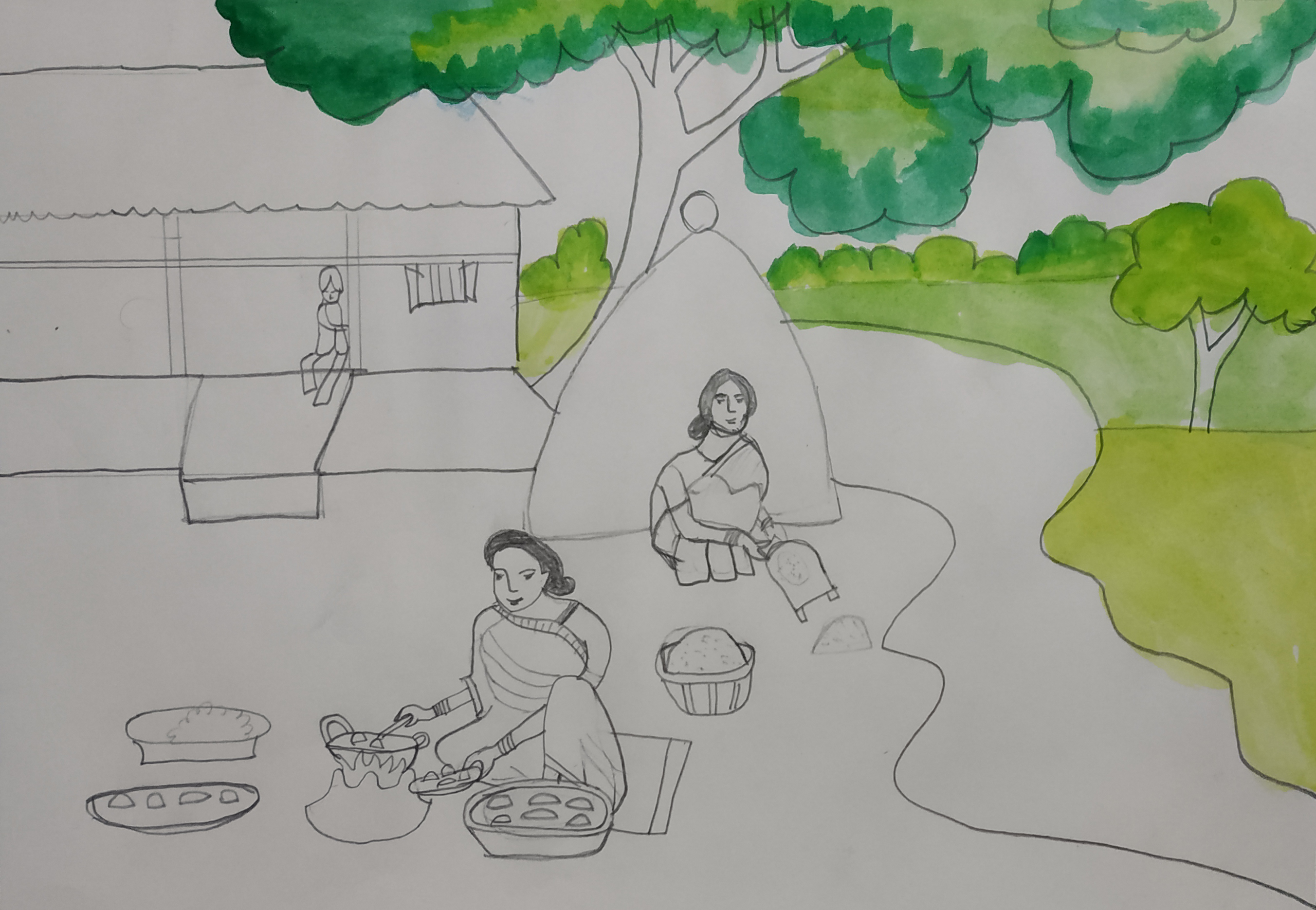 Daily Drawing Challenge ;Village Scene (Woman In Sari) | PeakD