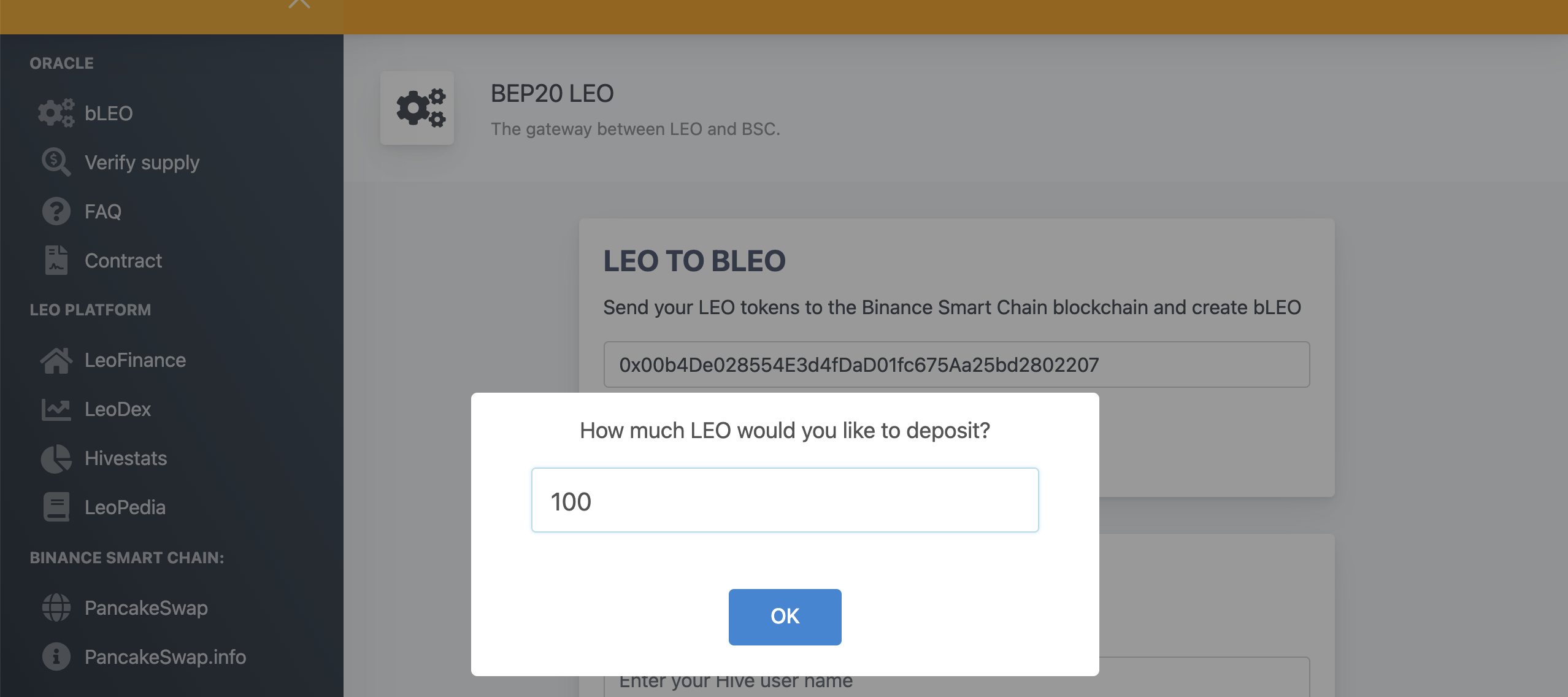 Enter how much LEO you would like to deposit.
