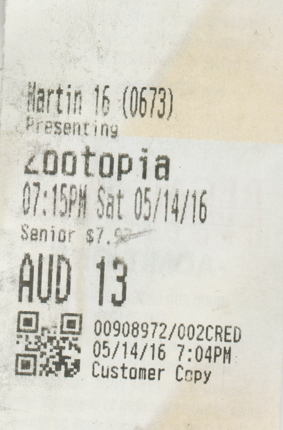 2016-05-16 - Saturday - 07:15 PM - Zootopia - 7.50 USD, Regal cinema, Martin 16 or 0673, 07:04 PM, Marilyn, Larry, 2pics-1.png