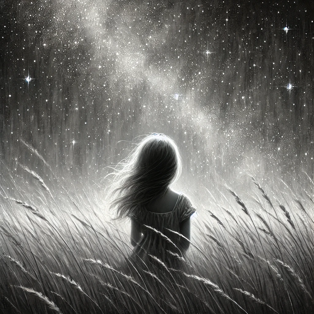 DALL·E 2025-01-25 21.37.20 - A black-and-white painting of a young girl gazing up at a sky full of stars. The girl is depicted from behind, her hair flowing gently in the breeze, .webp