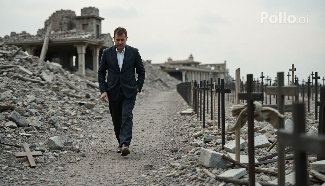 A solemn Zelenski traverses the devastated landscape, surrounded by rubble and s....png