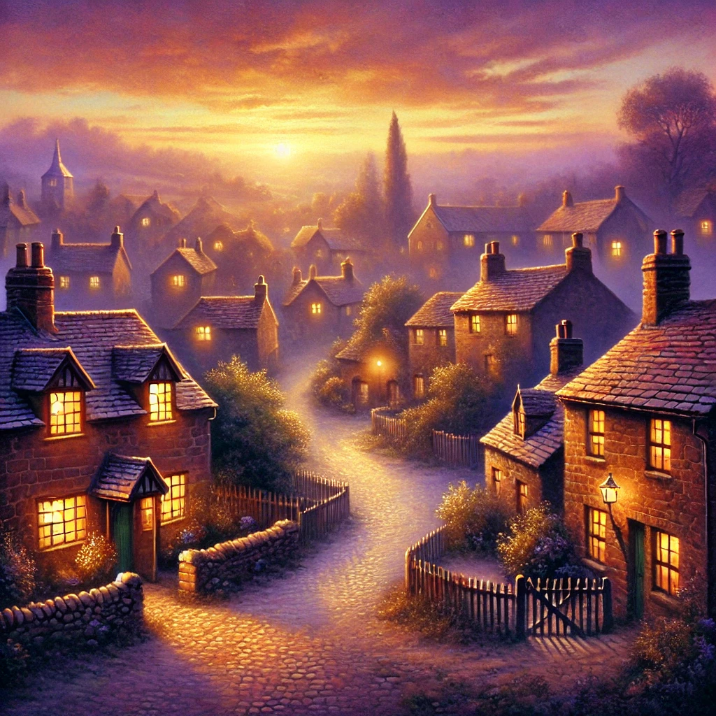 DALL·E 2025-01-31 12.00.34 - A peaceful depiction of a small, quiet village at twilight. The houses are cozy and rustic, with warm light glowing from their windows. The streets ar.webp