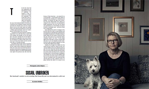 The Weekend Australian Magazine story: 'Susan, Unbroken: After Dr Andrew Bryant's suicide' by Andrew McMillen, September 2017. Photograph by Justine Walpole