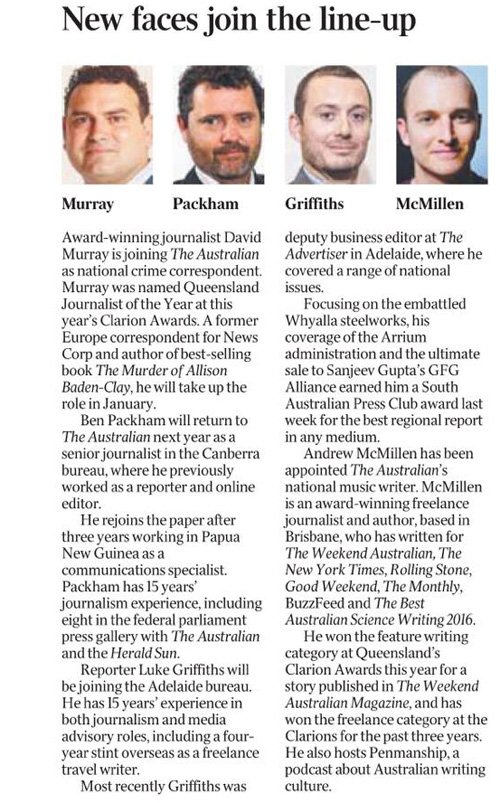 Andrew McMillen announced as The Australian's national music writer, starting January 2018